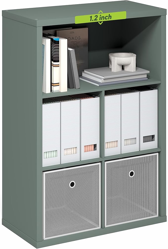 Furinno Cubicle Book Shelf, 5-Cube Thick Frame Bookshelf, Reversible Bookcase with Closed Back, 14.6" x 57.8" x 58", for Living Room, Bedroom, Home Office, Sage Green