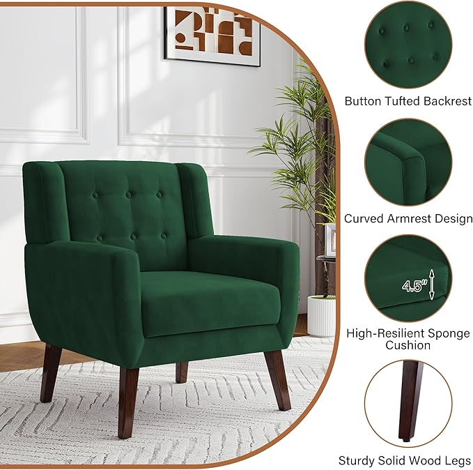 Lumibee Accent Chairs Set of 2, Velevet Fabric Armchairs for Living Room, Comfy Upholstered Arm Chairs Tufted for Indoor Bedroom Office Room (Retro Green Velvet)
