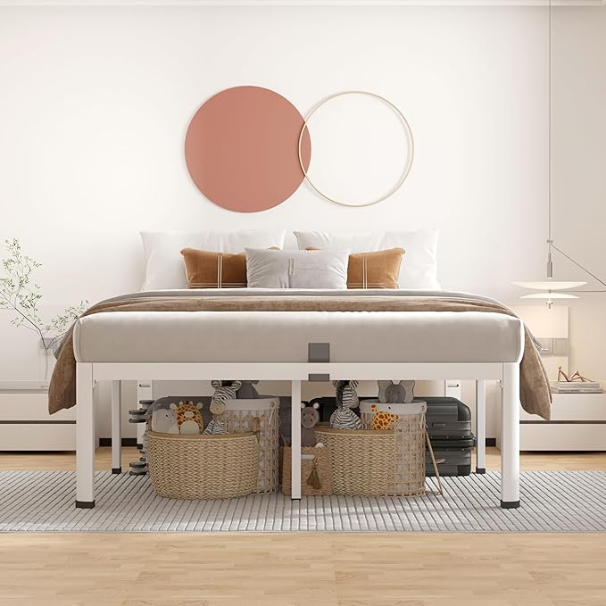 ROIL 14 Inch White Full Size Bed Frame with Rounded Corner and Headboard Hole Mattress Retainers 3500LBS Heavy Duty Steel Slats No Box Spring Needed Platform Noise-Free Easy Assembly