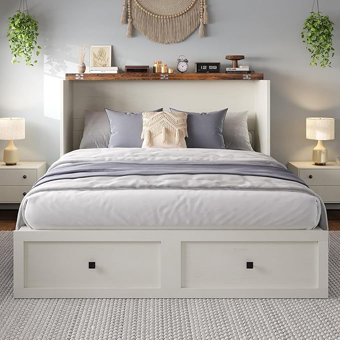 Full Size Murphy Bed with Charging Station, Cabinet Bed with Large Storage Drawer for Home Office or Small Room, Full Foldable Platform Bed, White