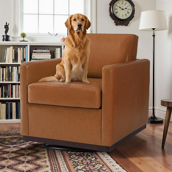 Pia Ricco Single Swivel Barrel Chair, Modern Accent Armchair in Easy-Clean PU Leather, Mid-Century Style for Living Room or Home Office, Brown