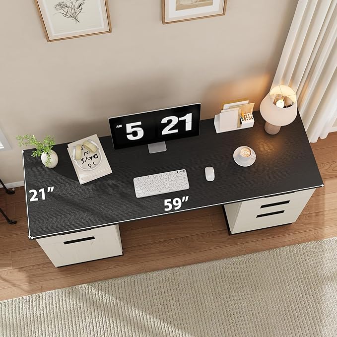 GAOMON Farmhouse Executive Desk, 59 Inch Computer Desk, White Home Office Desks with File Drawer and Storage Cabinet, Wood Writing Desks for Bedroom, Home Office, White+Black