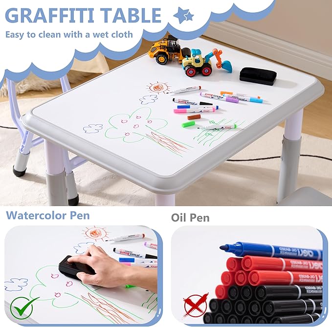 Kids Table & Chairs Set (2 Chairs), Height Adjustable Toddler Table and Chair Set for Kids Ages 3-8 with Graffiti Desktop, Learning & Art Activity Desk for Classroom, Home, Daycare (Grey)