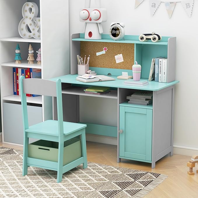 TaoHFE Blue Kids Desk Chair,Kids Desk with Storage and Shelf,Wooden Kid Desks and Chair Set for Bedroom and Study,Kid Study Desks for Boys, Girls Table and Chair Set