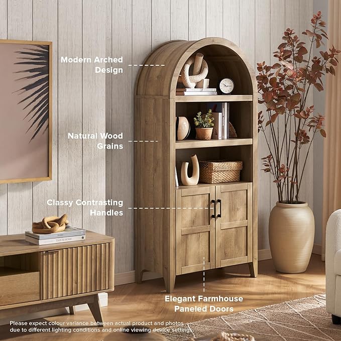 mopio Lauren 65.4" Short Arched Cabinet, 5-Tier Arched Bookcase with Doors and Shelves, Mini Arch Bookshelf with Storage, Wooden Storage Cabinet for Living Room and Kitchen Pantry (Oak)