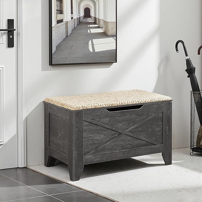 VECELO 30" Storage Bench, Entryway Shoe Ottoman, Farmhouse Style Bench with Handwoven Cushion and Metal Safety Hinges, for Bedroom, Living Room, Entryway, Gray