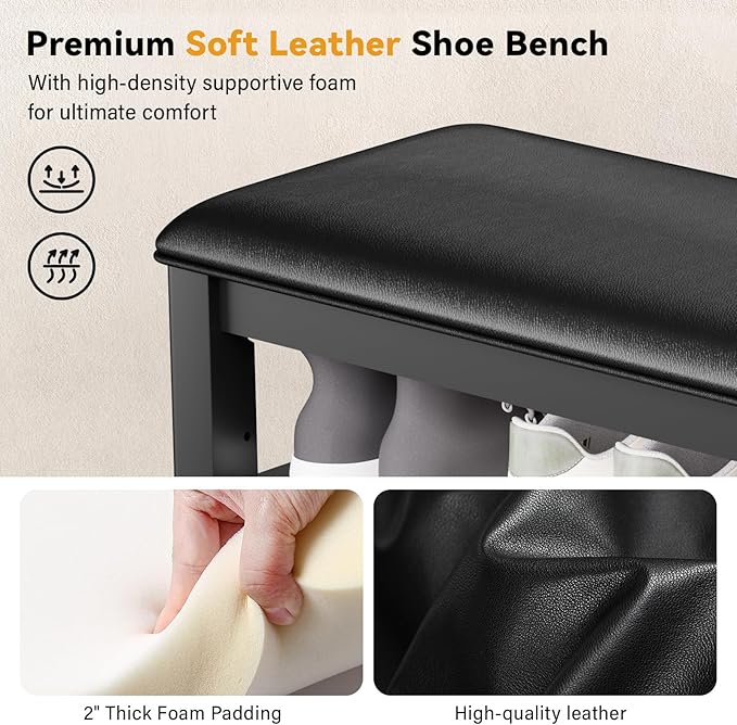 Entryway Shoe Storage Bench with Leather Cushion, Shoe Organizer Bench for Entryway, Ideal for Hallways Front Doors Entrances Mudrooms Featuring Rubberwood And 3 Height-Adjustable & Removable Shelve