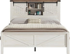 AMERLIFE Farmhouse Queen Bed Frame with Storage Headboard & Charging Station, Rustic Wood Platform Bed with Barn Door Bookcase, No Box Spring Needed, Antique White Bedroom Furniture