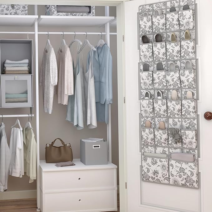 Martha Stewart Essential Closet Home Storage and Organization for Storing Shoes and Accessories, 22 Pocket Over The Door Hanging Organizer with Grey Craft Cube, Bedford Floral
