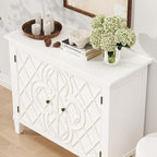 40" Coffee Bar Cabinet with Shelf, Craft Storage Cabinet with Doors, Wood Cabinet, Charming Carved Motif, Entry Way Cabinet with Storage, Sideboard Buffet for Living Room, Kitchen, Distressed White