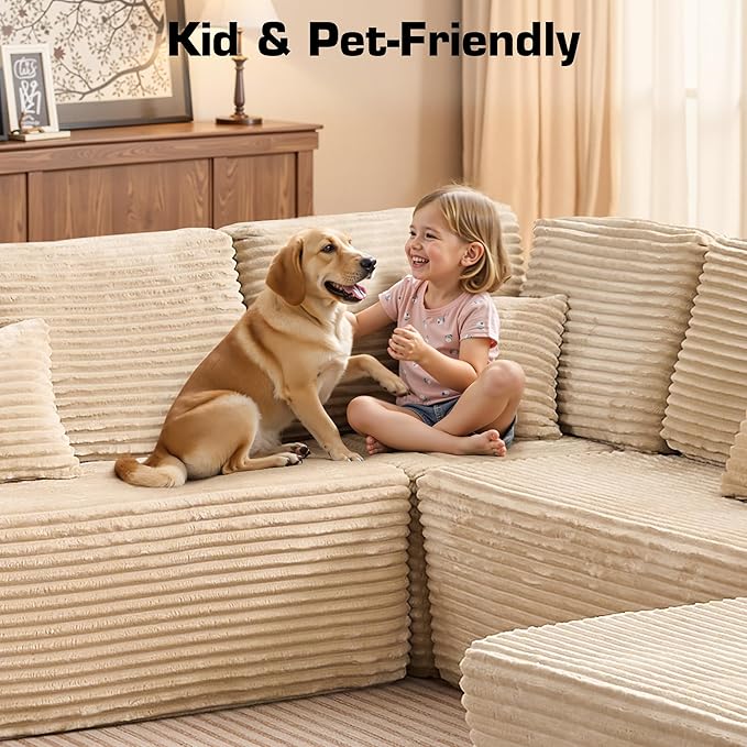 146‘' Oversized Cloud Sectional Couch, U Shaped Boneless Couches with Chaise & Ottoman, Plush Corduroy Deep Seat Modular Sofa for Living Room, No Assembly Required, Beige