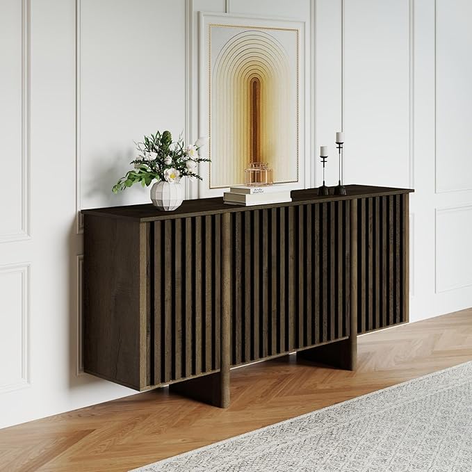 Sideboard Buffet Cabinet with Storage, Walnut Freestanding Floor Cabinet 64” Farmhouse Sideboard Wooden Large Storage Cabinet Media Console Table Credenza for Living Room Dining Room Hallway, Single