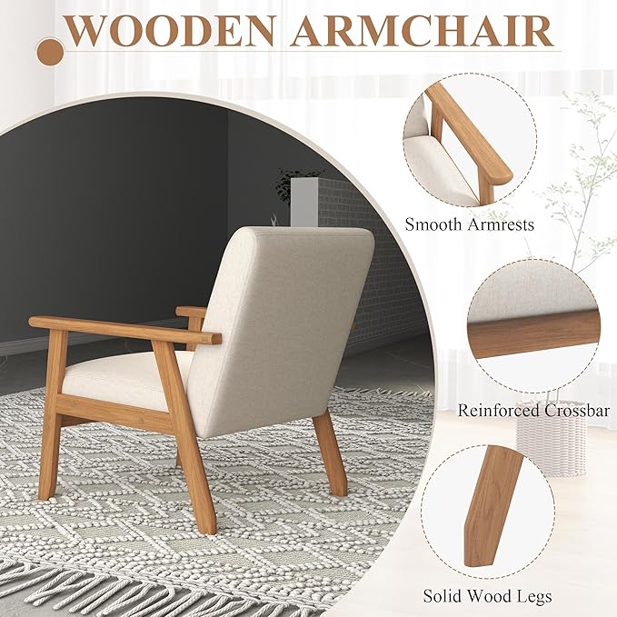 Westice Accent Chair Set of 2, Mid-Century Modern Living Room Chairs with Solid Wood Frame & Soft Thicken Cushion, Upholstered Arm Reading Chair for Bedroom, Balcony, Beige Linen Fabric & Natural Legs