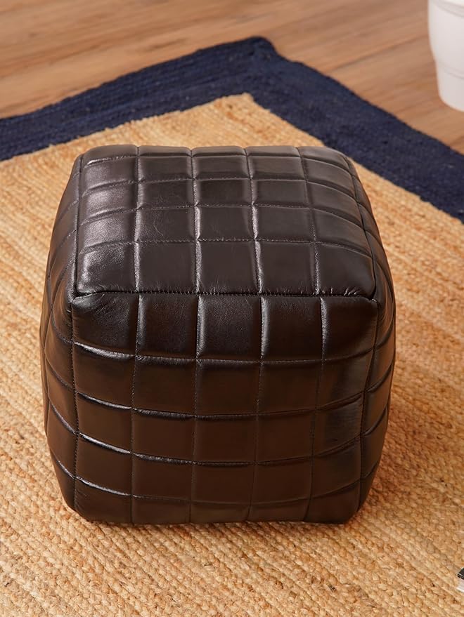 Handmade Eco-Friendly Geometric Leather Pouf Black Color Square 16" x 16" x 16" Goat Leather Pouf for Living Room, Bedroom Seating, Patio