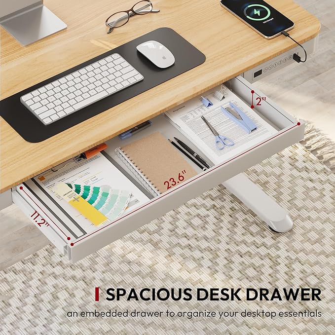 Standing Desk with Drawer, Electric Height Adjustable Home Office Desk with Storage & USB Ports, 48 inch Maple Wood Tabletop/White Frame