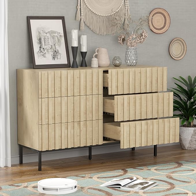 UEV Fluted Dresser for Bedroom with 6 Drawers, 47" Wide Large Chest of Drawers with Metal Stand, Mid-Century Wooden Dresser TV Stand, Closet Storage Organizer for Living Room, Hallway (Ivory White)