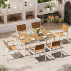 67" Rectangle HDPS Patio Dining Table, Aluminum Outdoor Patio Dining Table with Umbrella Hole, Weather-Resistant for Lawn, Garden, Yard, Poolside and Indoor Use, White & Teak