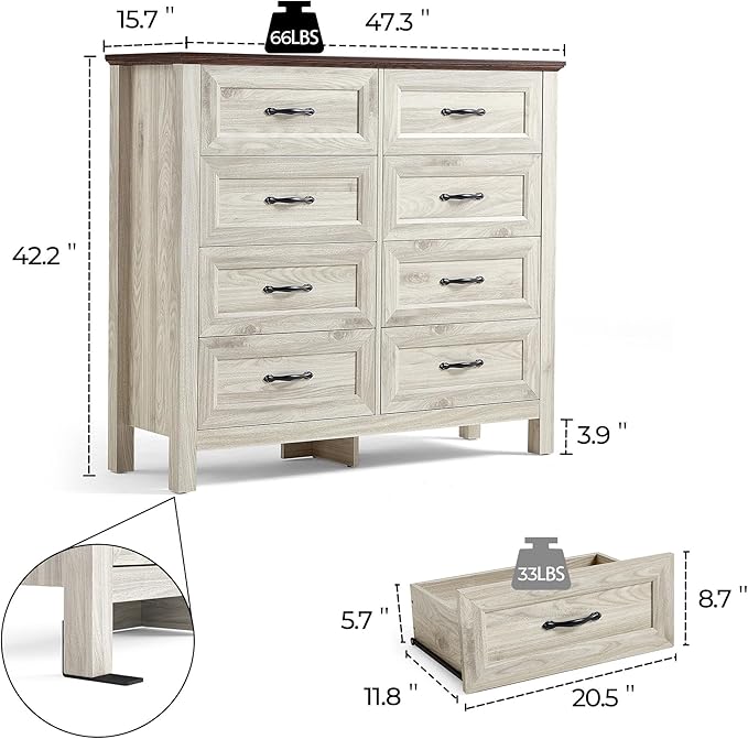 LINSY HOME Dresser for Bedroom with 8 Drawers, Updated Wide Chest of Drawers, Modern Farmhouse Bedroom Tall Dresser with Storage Organizer, Wooden Dressers for Living Room, Beige