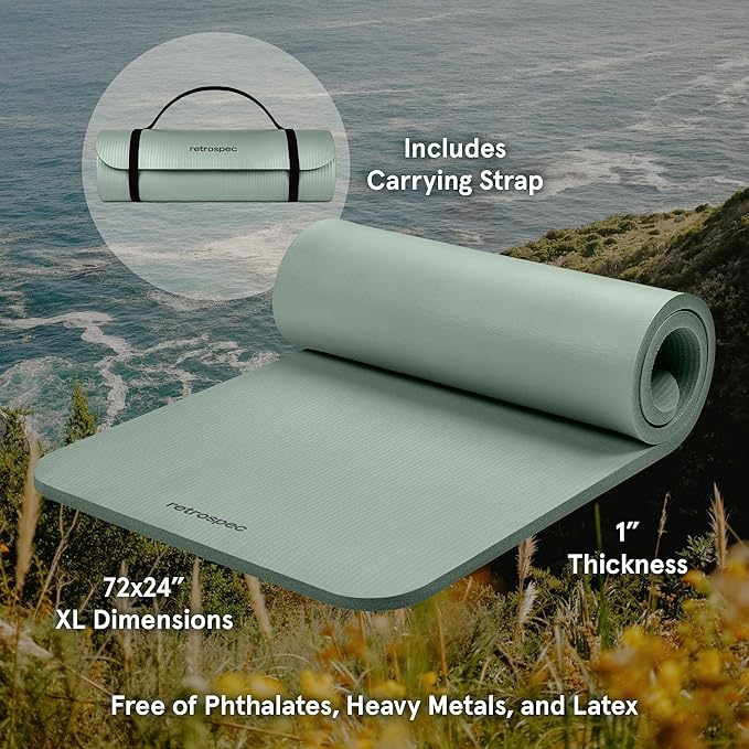 Retrospec Solana Yoga Mat 1" Thick With Nylon Strap For Men & Women - Non Slip Exercise Mat For Home Yoga, Pilates, Stretching, Floor & Fitness Workouts