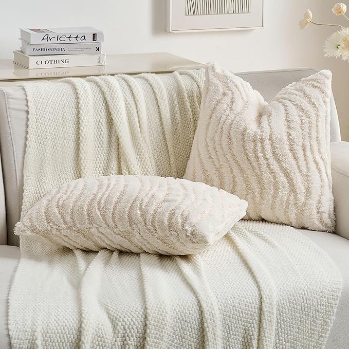 FUTEI Cream Decorative Throw Pillow Covers 18x18 Inch Set of 2,Soft Faux Fur Geometric Shapes Texture Cushion Case,Boho Home Decor for Couch Bed Living Room