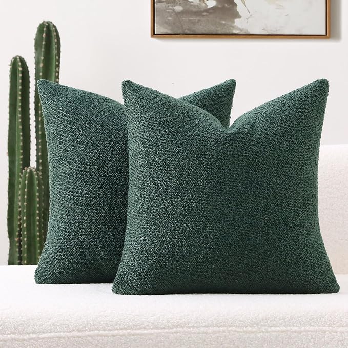 FUTEI Christmas Pack of 2 Dark Green Decorative Throw Pillow Covers 16x16 Inch Soft Cozy Solid Boucle Textured Cushion Case,Modern Home Decor for Couch Bed Living Room