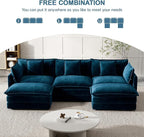 Modular Sectional Sofa, 111.5 Inch U-Shaped Cloud Sofa with Deep Seat Chenille Sofa with Cushions, Three-Self Sectional Sofa for Living Room Apartment,Blue