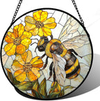 Stained Glass Window Hanging - Yellow Bees Gathering Flowers Sun Catcher for Door Garden Home Decor Cute Suncatcher Christmas Mother's Day Birthday Gifts for Women Men Mom Nana 11.8 in
