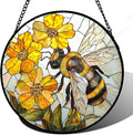Stained Glass Window Hanging - Yellow Bees Gathering Flowers Sun Catcher for Door Garden Home Decor Cute Suncatcher Christmas Mother's Day Birthday Gifts for Women Men Mom Nana 7.8 in