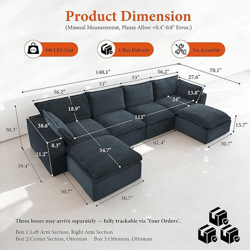 108" Sectional Couches for Living Room Boneless Couch Upholstered Cloud Couch Sectional Modular Sectional Sofa with L Shaped (Corduroy-Blue, 4 Seat+2 Ottoman)