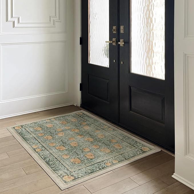 RUGGABLE x Morris & Co Washable Area Rug– Pimpernel Vintage Green 4x6, Stain-Resistant, Non-Slip – Medium Machine Washable Rugs for Living Room, Bedroom, Hallway, Entryway & Office–with Cushioned Pad