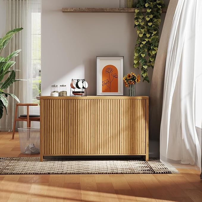 YOUDENOVA Fluted Buffet Cabinet with Storage, Modern Sideboard Cabinets with 4 Doors & Adjustable Shelves, Accent 56” Credenza Storage Cabinet, Wood Entryway Cabinet for Living Room Hallway, Natural
