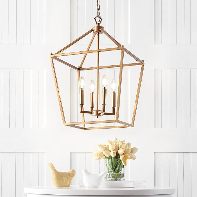 JONATHAN Y JYL7437B Pagoda Lantern Dimmable Adjustable Metal LED Pendant Classic Traditional Farmhouse Dining Room Living Room Kitchen Foyer Bedroom Hallway, 16 in, Antique Gold
