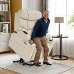 MCombo Power Lift Recliner Chair with Extended Footrest for Elderly People, Faux Leather 7287 (Cream White, Medium)