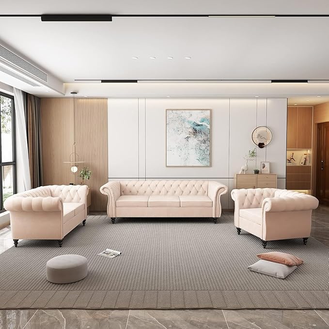 Living Room Chair, Modern Velvet Chesterfield Sofa Chair, Mid Century Single Sofa Couch Chair with Tufted Back and Rolled Arms, Accent Sofa Chair for Living Room Apartment, Beige