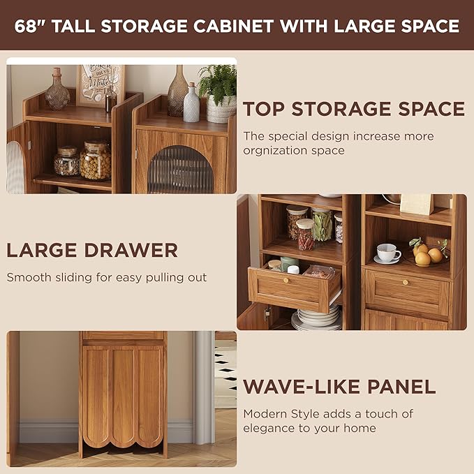 Maupvit 68” Tall Bathroom Storage Cabinet, Narrow Freestanding Cabinet with Fluted Glass Door and Drawer, 3-Tier Adjustable Shelves, Wave-like Panel, 14.9" Wide for Small Space, 8 Compartments, Walnut