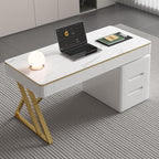 Executive Desk with Drawers, White Computer Desk with Drawers with Tempered Glass Top & Marble Pattern, 47 inch Modern Home Office Desk with Charging Station for Study, Living Room, Bedroom