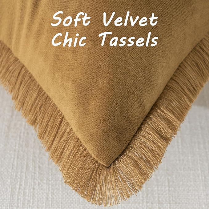 FUTEI Brown Velvet Decorative Throw Pillow Covers 20x20 Set of 2,Soft Cozy Edge with Tassels Cushion Case,Boho Modern Home Decor for Couch Bed Living Room