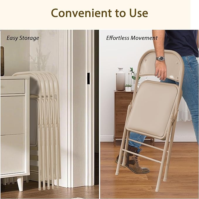 10 Pack Folding Chairs with Padded Cushion and Back, Khaki Portable and Foldable Chairs with Durable Metal Frame for Indoor Outdoor Office Party Events Kitchen, 330lbs Capacity