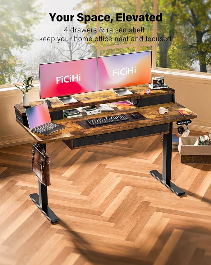 FiCiHi Adjustable Height Standing Desk with 4 Drawers,55 x 24 inches Electric Sit Stand Home Office Desk with Two Tiers, 3 Memory Presets, Monitor Stand Riser