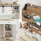 Farmhouse 47" Executive Computer Desk with 2 Drawers and Storage Cabinet, Home Office Desk with Hutch and Charging Station, Workspace for Work and Study (White&Brown).