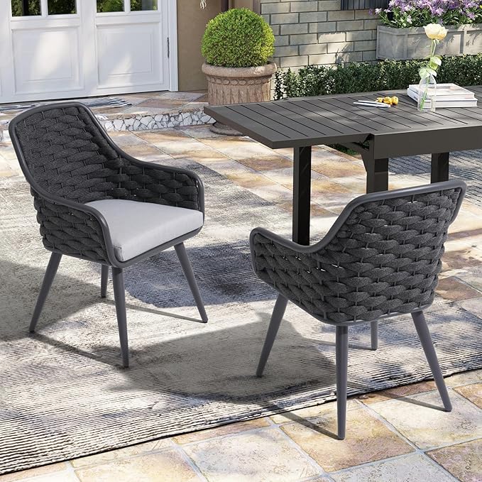 SUNSITT Outdoor Dining Chairs Set of 4, Metal Outdoor Patio Dining Chairs with Weather-Resistant Cushions, Woven Rope Chairs Outdoor with Armrest Dark Grey Outdoor Furniture for Backyard