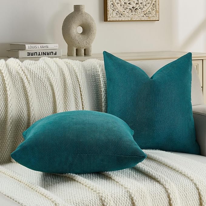 FUTEI Teal Chenille Throw Pillow Covers 22x22 Inch Set of 2,Soft Wide Chevron Textured Cushion Case,Farmhouse Home Decor for Couch Bed Living Room