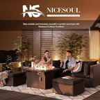 NICESOUL 6 Piece L Shape Outdoor Couch Set with Fire Pit Natural Gas/Propane, 29.3'' High Back Deep Wide Seated Patio Conversation for Deck, Wicker Patio Furniture Set, Brown Rattan and Grey Cushion