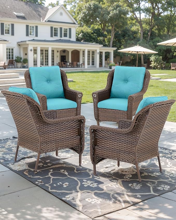 Patio Wicker Chairs Outdoor Furniture Chair - Set of 4 Outside All Weather Lawn Dining Brown Rattan Armchair with High Back&Deep Seating for Deck Porch Balcony Backyard Garden - Turqoise