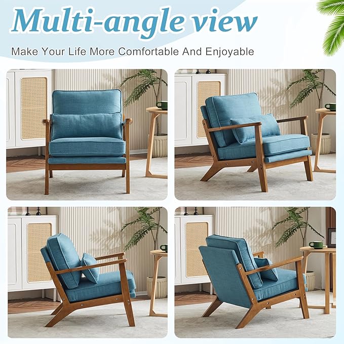 VINGLI Solid Wood Wide Armrests Accent Chair,Upholstered Mid Century Modern Chair with Pillow,Comfy Reading Chair Farmhouse Arm Chair,Chairs Living Room,Bedroom,Guest Room,Linen Fabric,Navy Blue
