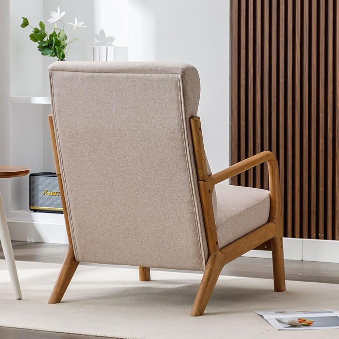 ANJHOME Mid Century Modern Accent Chair with High Back, Single Lounge Armchair with Solid Wood Frame, Comfy Reading Chair for Living Room, Easy Assembly