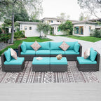 NICESOUL 8 People Outdoor Seating Furniture, 29.3'' High Back Comfortable Wicker Patio Sectional Sofas with Ottoman, Deep Seats Oversized Conversations for Exteriors, 2 Color Cushion Turquoise & Gray