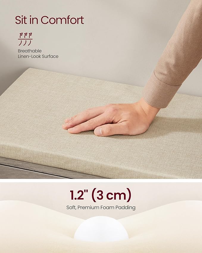 VASAGLE Shoe Storage Bench with Cushion, 3-Tier Entryway Bench with Padded Seat, Doors, Adjustable Shelves, 14 x 39.8 x 20.7 Inches, Hallway, Bedroom, Heather Greige and Cappuccino Beige ULSB044L01