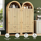 FURSUN 71" Tall Fluted Arched Bookshelf with Doors, Wood Pantry Storage Cabinet with 2 Large Drawers, Modern Versatile Bookcase for Living Room, Kitchen, Dining, Natural Oak