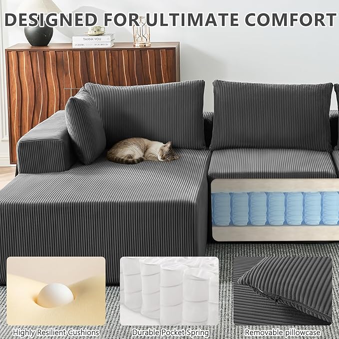 109" Cloud Sectional Couch, Boneless Couches for Living Room, Modular Sectional Sofa with Deep Seat, L-Shape Couch with Chaise, Comfy Corduroy Fluffy Modern Modular Sofa, No Assembly Required,DarkGrey